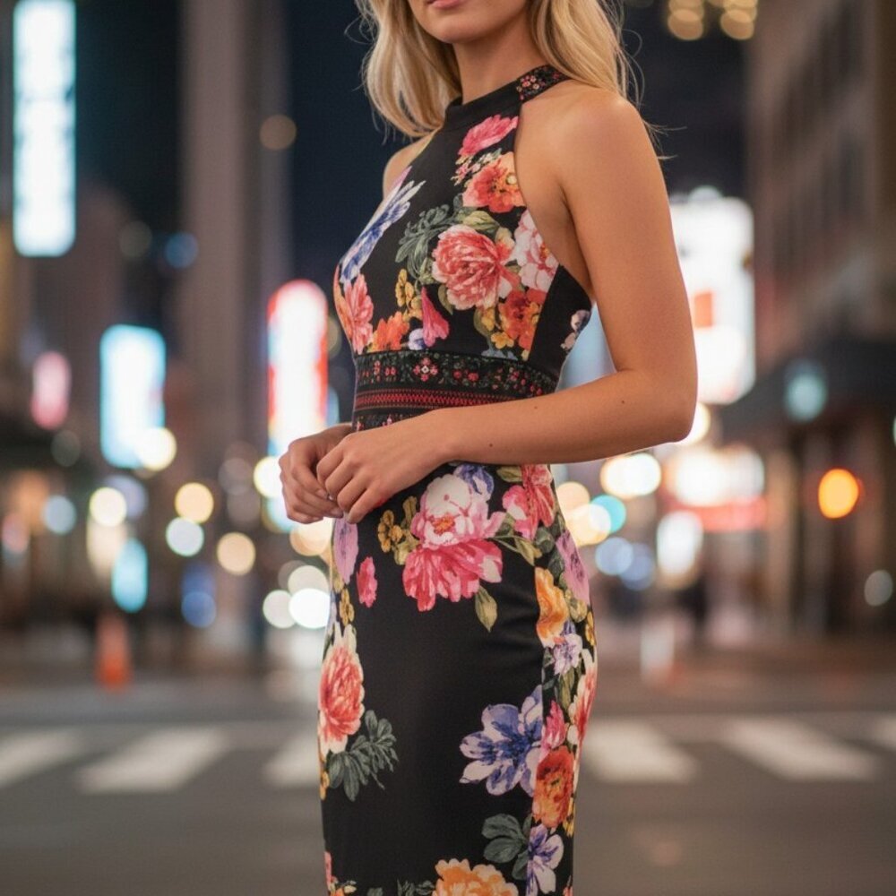 NWT PREMIER AMOUR Woman's Low Cross Back Dress Size 4. Retail $74. Black Floral